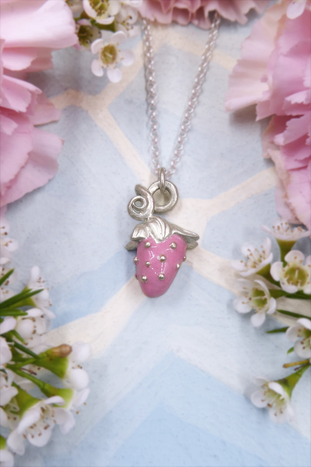 Silver Pink Strawberry Necklace